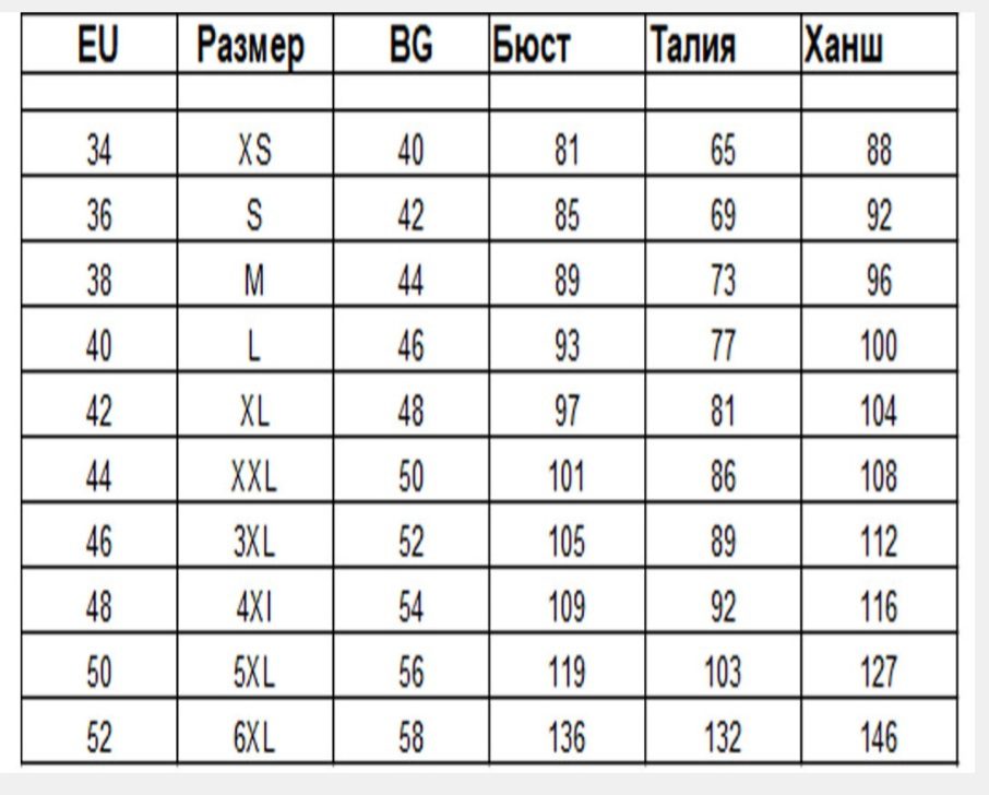 Таблица за размери