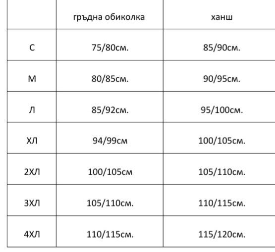 Таблица за размери