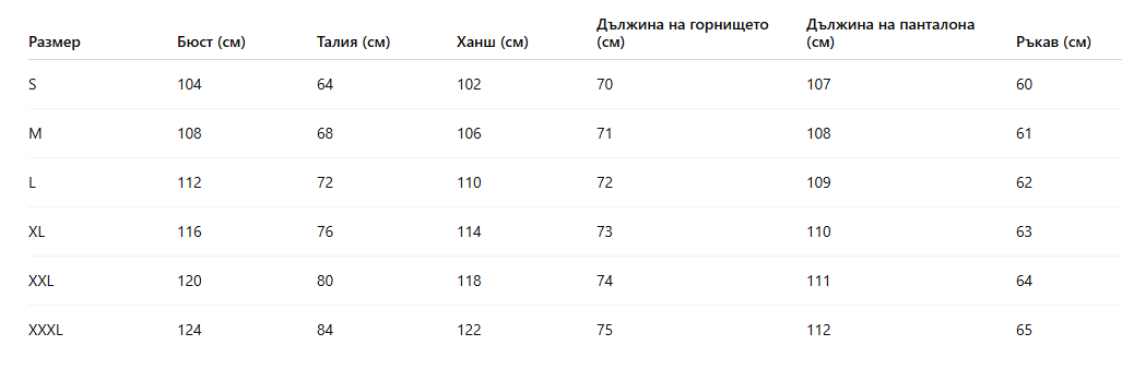 Таблица за размери